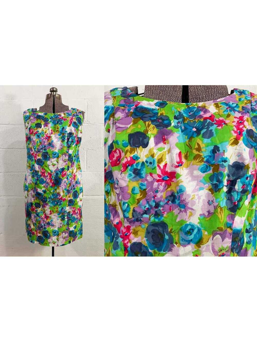 Vintage Watercolor Floral Dress 1960s Sleeveless Wedding Bridesmaid Shift Large